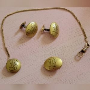 Antique Victorian mens gold filled pocket watch fob tie cufflinks B monogram set